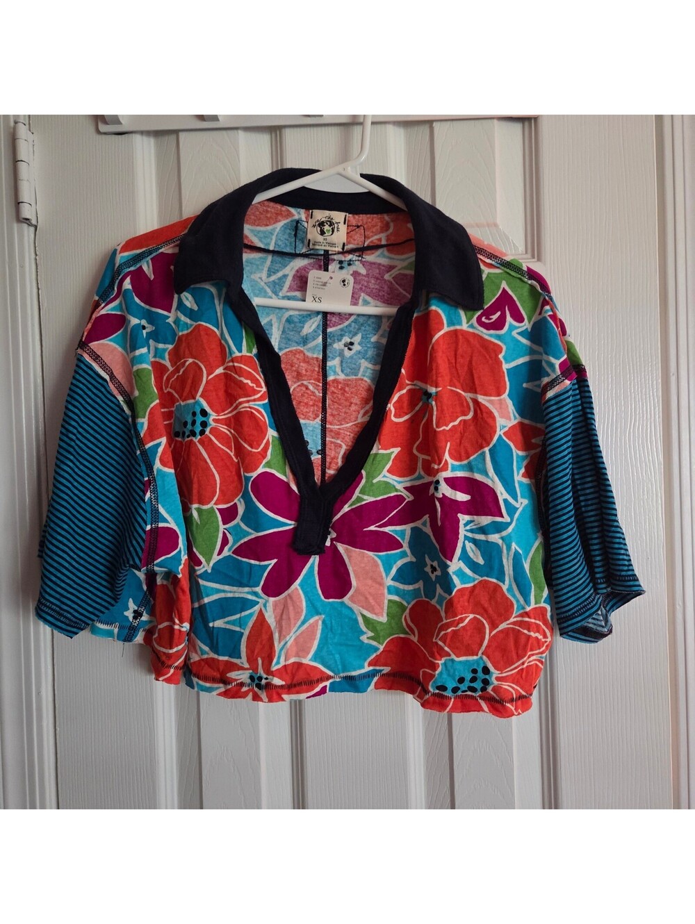 Free People XS Floral Cotton Crop Top with Striped Sleeves